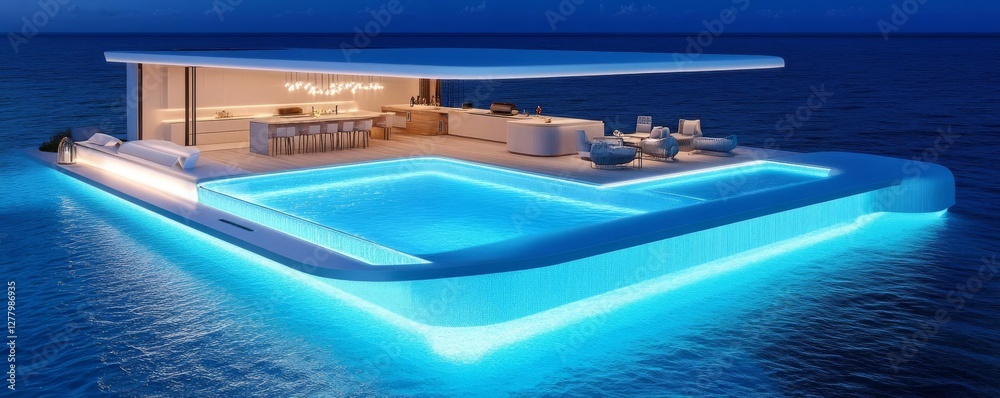 Obraz premium Futuristic infinity pool with an integrated outdoor kitchen and entertainment zone