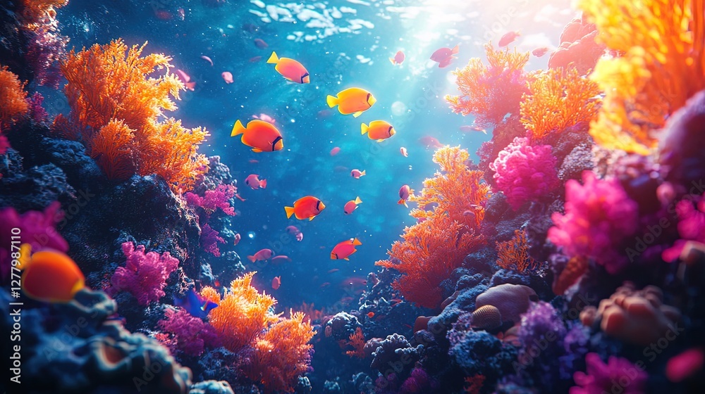 Naklejka premium Vibrant tropical fish swimming through a coral reef illuminated by sunlight 