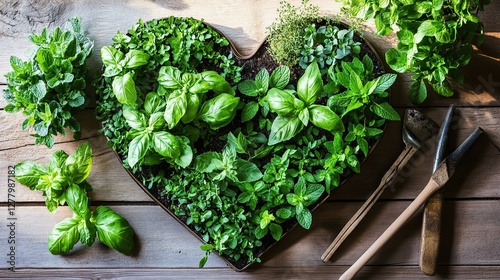 A tabletop herb garden arranged in a heart-shape using vibrant greens like mint and basil