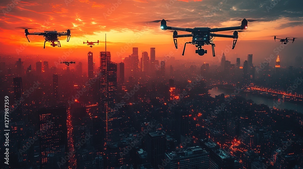 A high-tech cityscape with autonomous drones delivering packages, sunset lighting A high-tech cityscape with autonomous drones delivering packages, sunset lighting
