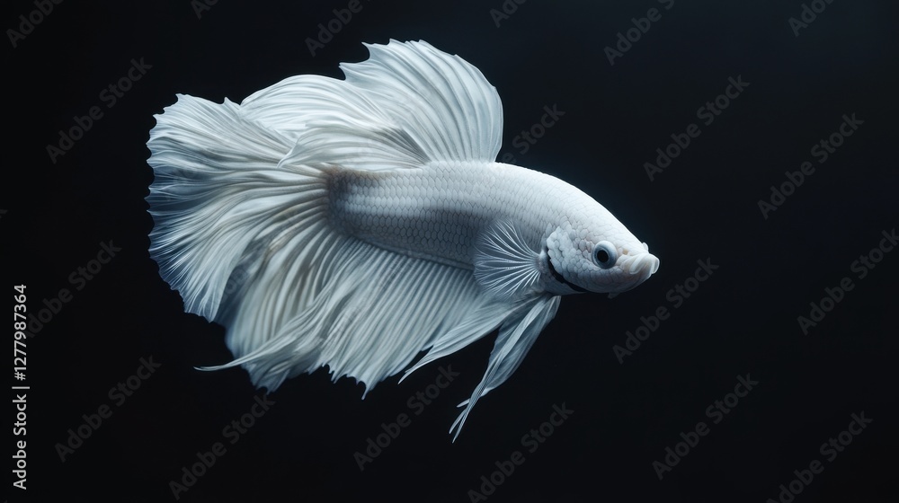 Fototapeta premium Elegant White Siamese Fighting Fish Aquatic Pet Flowing Fins