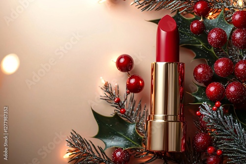 Festive red lipstick for holiday beauty campaigns, Christmas & New Year promotions. Elegant makeup product shot with holly & fairy lights. Ideal for luxury beauty ads & gift guides.