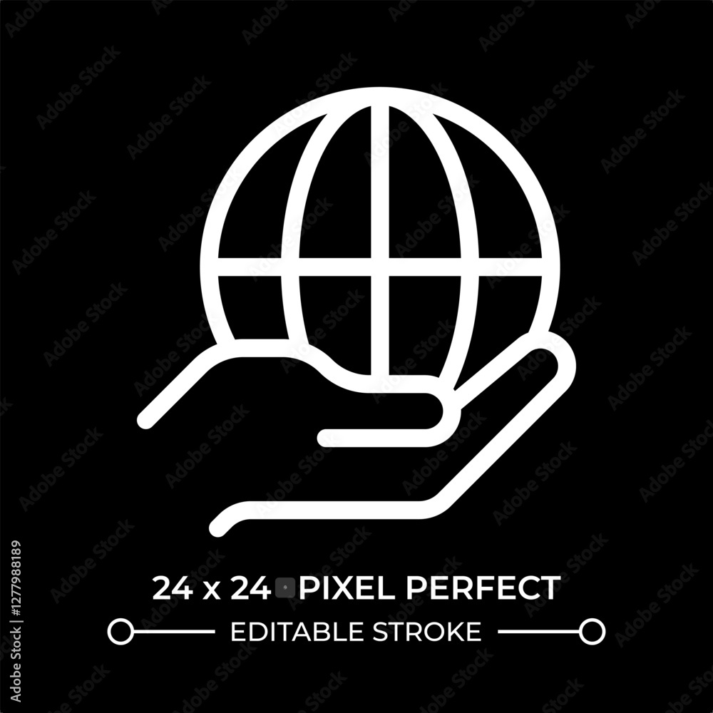 Hand holding earth planet line ui icon isolated on black. Taking care of global ecology. Environment protection program. Vector outline symbol. User interface element dark mode, pixel perfect Hand holding earth planet line ui icon isolated on black. Taking care of global ecology. Environment protection program. Vector outline symbol. User interface element dark mode, pixel perfect