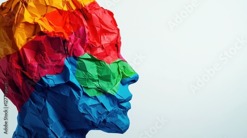Human head made of colorful crumpled paper, symbolizing thoughts, emotions, and the complexity of the mind..