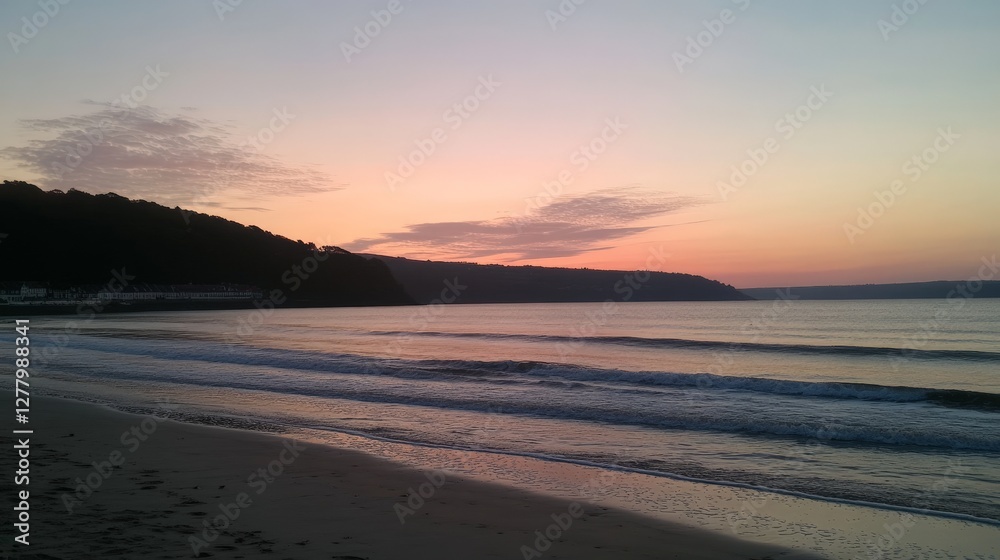 Tranquil Twilight Beach Scene with Gentle Waves Tranquil Twilight Beach Scene with Gentle Waves