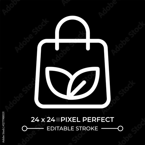 Eco bag line ui icon isolated on black. Tote shopper with leaves print. Environmental friendly fashion. Minimalist accessory. Vector outline symbol. User interface element dark mode, pixel perfect