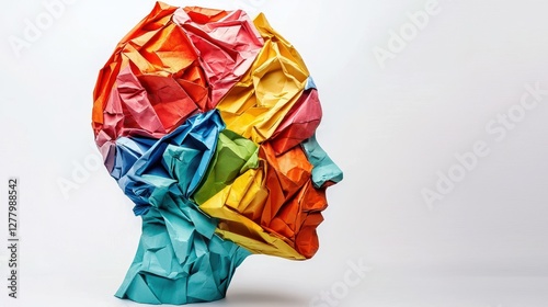 Crumpled paper human head in vibrant colors, representing emotional complexity and mental health awareness..