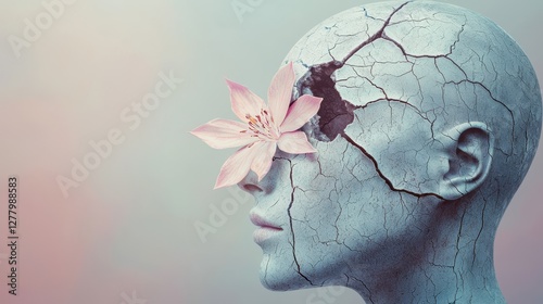 Cracked shell-shaped human head with a blooming flower, symbolizing resilience and personal growth..