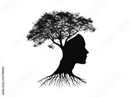 Human head silhouette with a tree and mindfulness symbols, representing meditation and inner balance..
