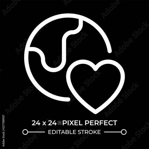 Environmental care line ui icon isolated on black. Earth globe with heart. Love saving world. Ecology and nature protection. Vector outline symbol. User interface element dark mode, pixel perfect