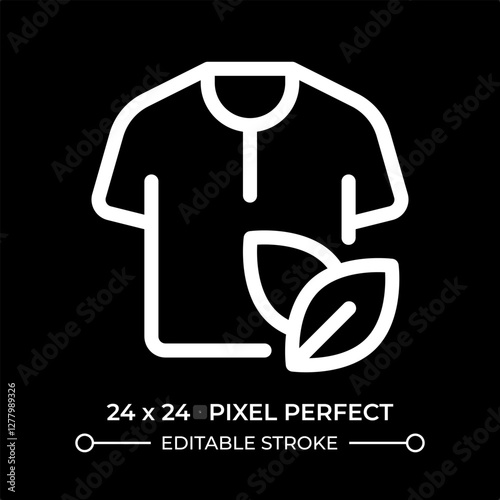 Clothes of eco friendly material line ui icon isolated on black. Sustainable fashion promotion. Shirt with leaves ornament. Vector outline symbol. User interface element dark mode, pixel perfect
