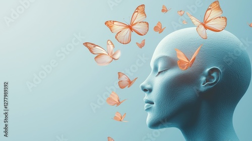 Human head with butterflies flying out, symbolizing transformation and mental freedom, on a pastel blue background..
