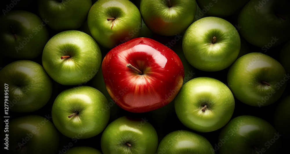 Extreme close-up of one beautiful red apple on top of a stack of many green apples. Standing out from the crowd, thinking outside the box, leadership and individuality concept. Generative Ai. Extreme close-up of one beautiful red apple on top of a stack of many green apples. Standing out from the crowd, thinking outside the box, leadership and individuality concept. Generative Ai.