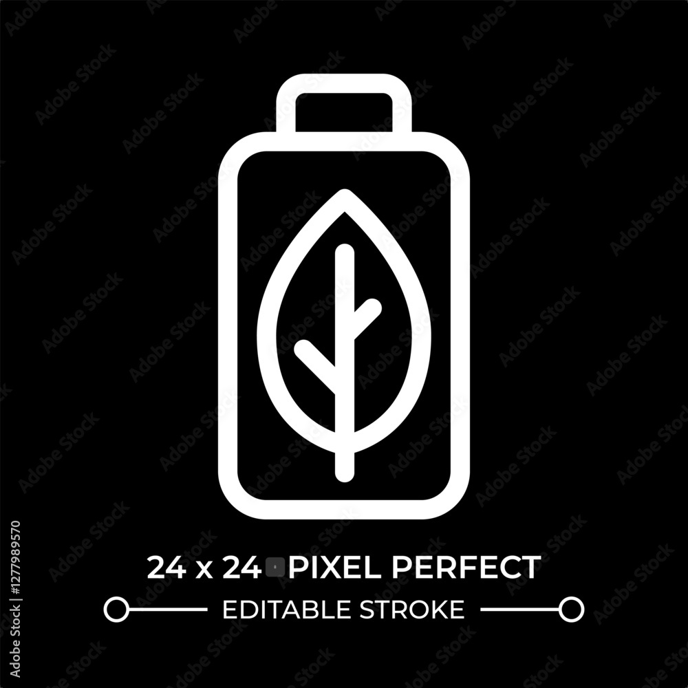 Naklejka premium Eco friendly battery line ui icon isolated on black. Rechargeable accumulator with leaf. Minimize resource depletion. Vector outline symbol. User interface element dark mode, pixel perfect