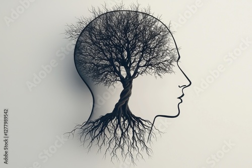 Minimalist human head with a tree growing inside, symbolizing mental growth and resilience, on a white background..