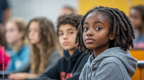 Young girl attentively listens in classroom setting