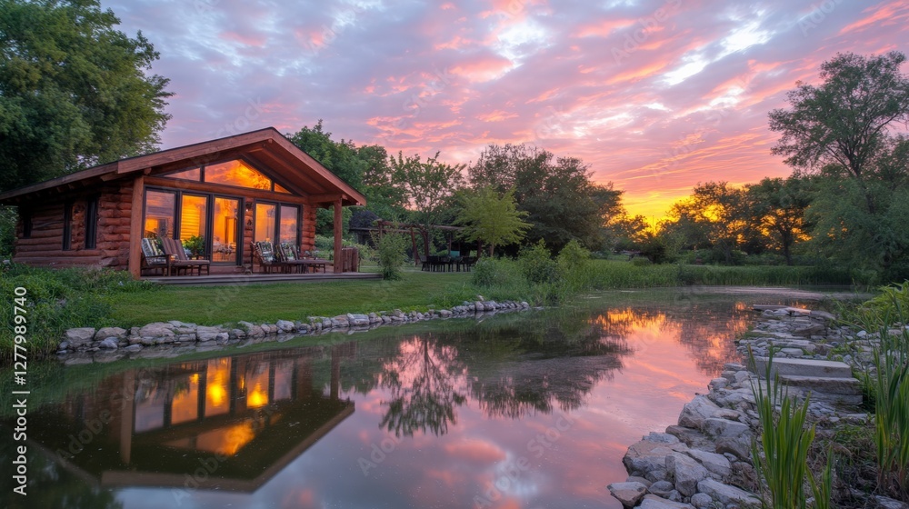 Obraz premium Serene Lakeside Cabin Under Twilight Sky