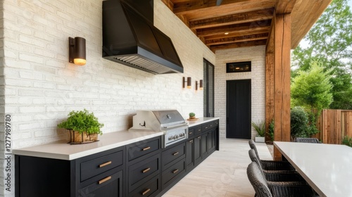 Luxury modern farmhouse outdoor kitchen with wooden beams and industrial finishes