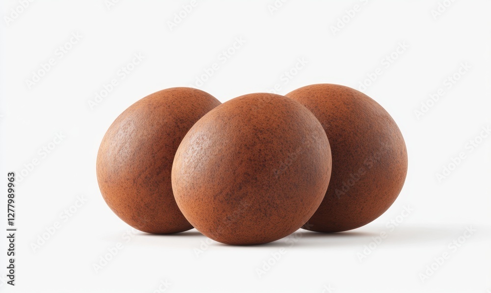 Three brown eggs arranged closely on a white surface, showcasing their smooth texture and natural color Three brown eggs arranged closely on a white surface, showcasing their smooth texture and natural color