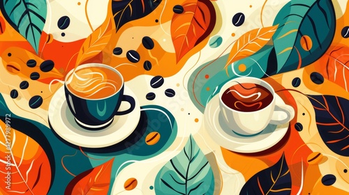 Autumnal coffee cups, steaming drinks, leaves, abstract background; graphic design for poster or social media