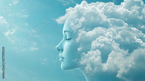 Human head made of soft swirling clouds, floating in a bright sky, symbolizing serenity and mental calmness..