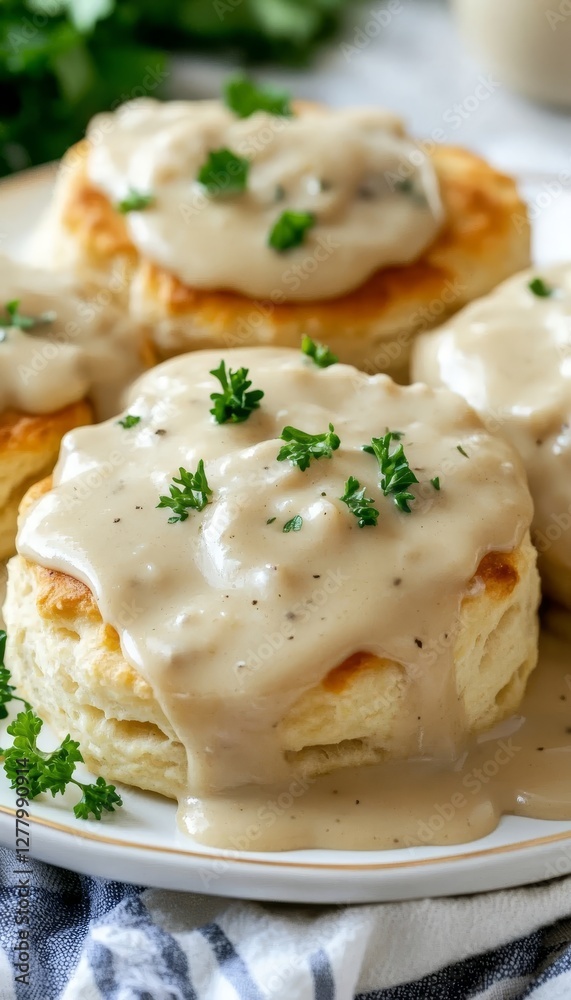 Delicious warm biscuits generously topped with creamy gravy a comforting classic delight Delicious warm biscuits generously topped with creamy gravy a comforting classic delight