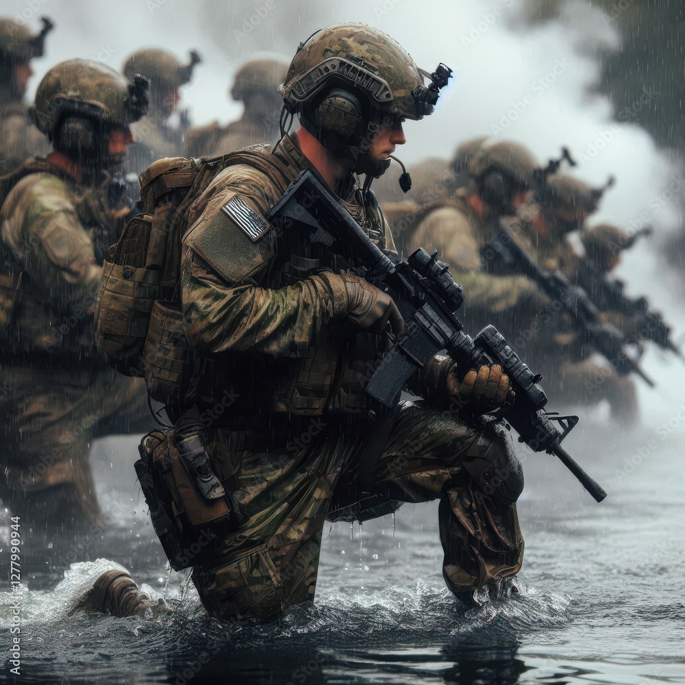 Fototapeta premium Amidst pouring rain and swirling smoke, a group of soldiers in tactical gear navigates through flooded terrain, rifles poised for action