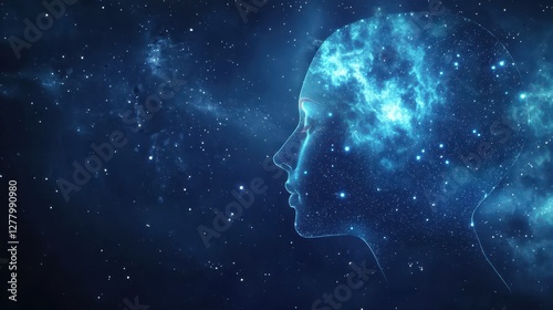 Translucent human head filled with glowing nebulae and stars, symbolizing imagination and the universe of the mind..