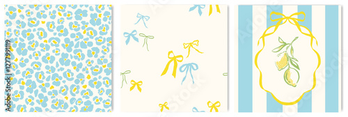 Set of cute seamless patterns of multicolored bows, leopard abstract print on a light background. Mediterranean naive illustration set, frame with lemons and ribbon