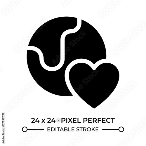 Environmental care glyph ui icon. Earth globe with heart. Love saving world. Ecology and nature protection. Black solid silhouette symbol vector. User interface element isolated, pixel perfect