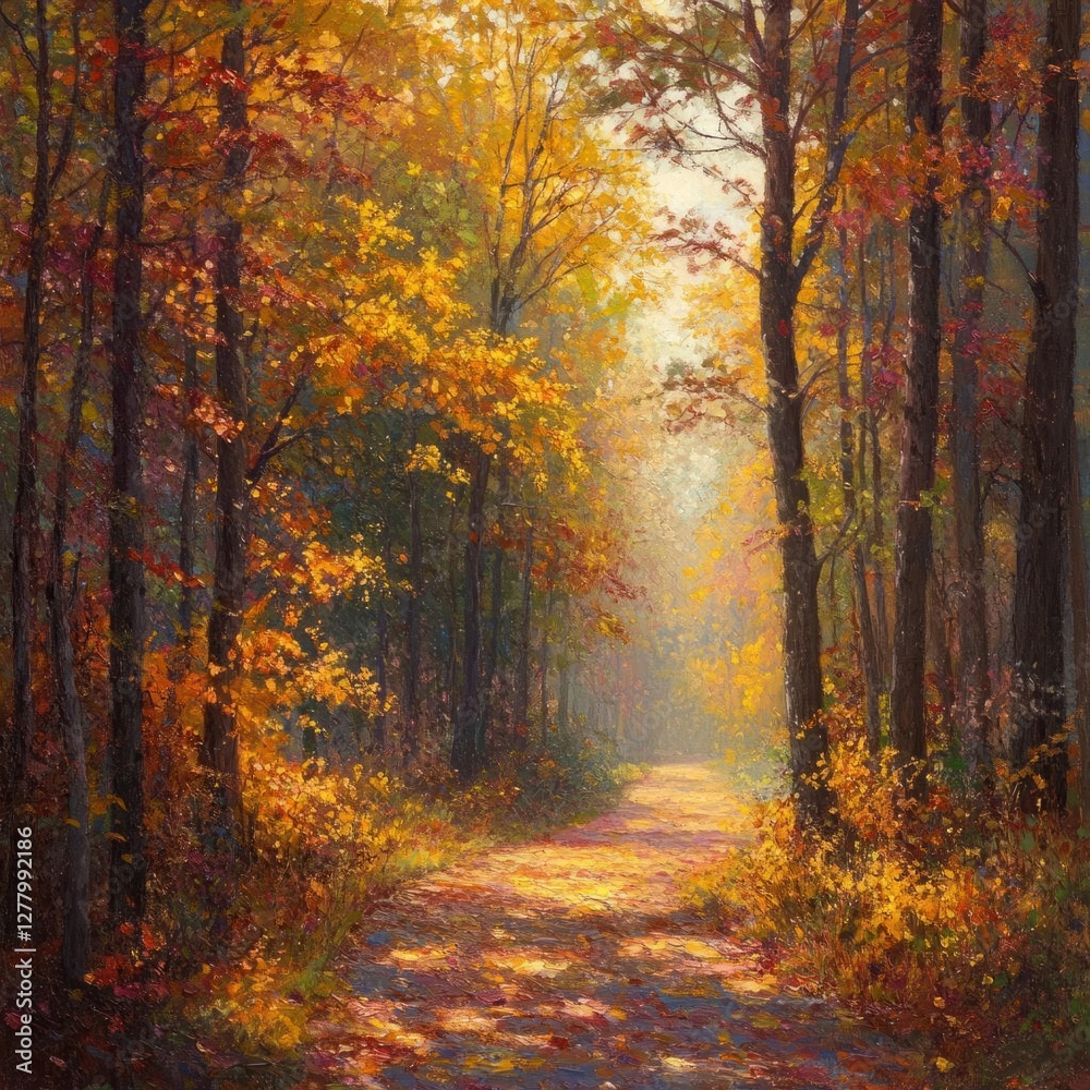 Serene Forest Pathway: Golden Autumn Leaves and Dappled Sunlight in a Vibrant Nature Scene Serene Forest Pathway: Golden Autumn Leaves and Dappled Sunlight in a Vibrant Nature Scene