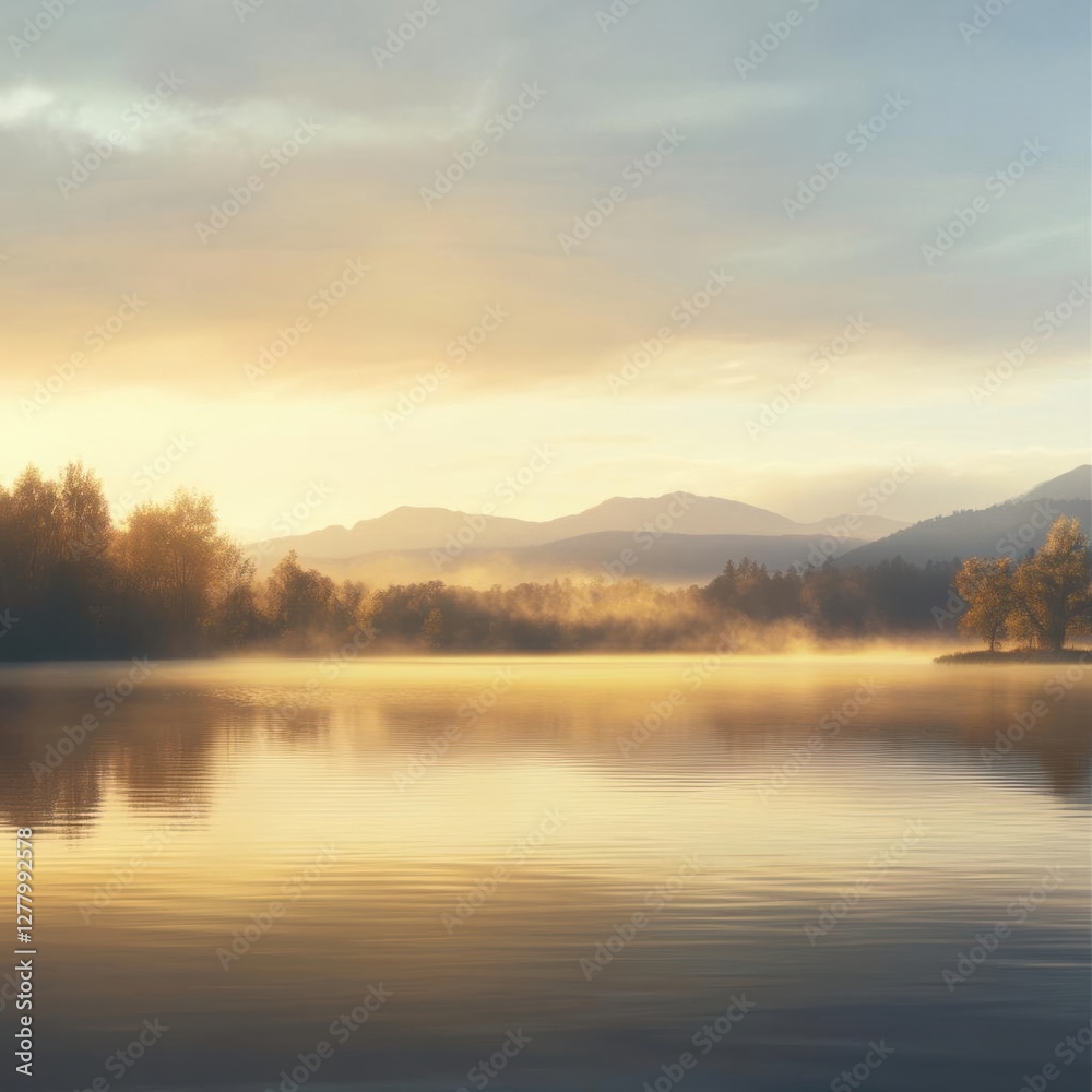 Serene Dawn Landscape: Tranquil Lake with Mist and Golden Sunlight - A Captivating Nature Scene Serene Dawn Landscape: Tranquil Lake with Mist and Golden Sunlight - A Captivating Nature Scene