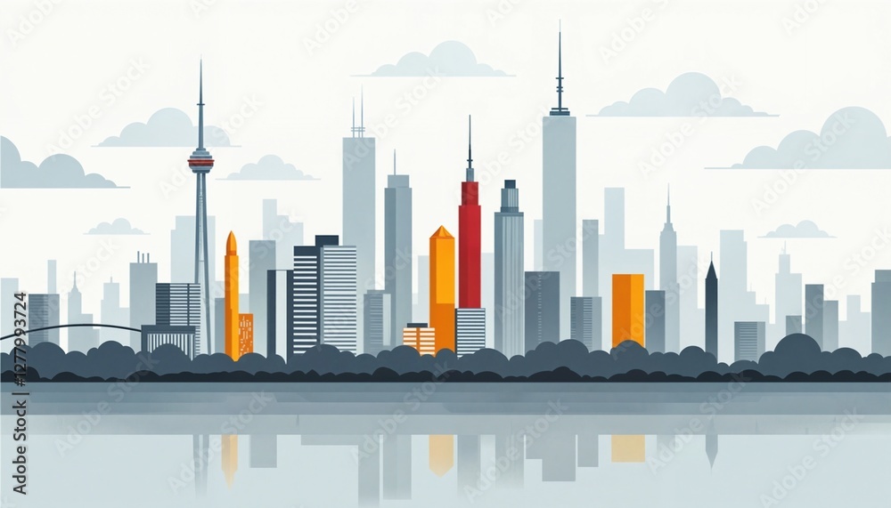 Fototapeta premium Vibrant City Skyline with Reflective Water - Modern Architecture Illustration