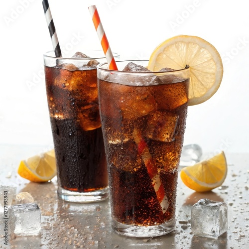 Refreshing Iced Cola Drink with Lemon and Ice Cubes – Perfect Summer Beverage