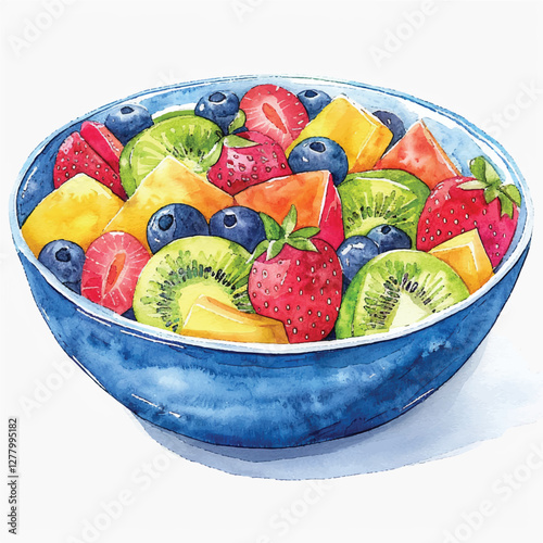 A vibrant fruit salad in a bowl cartoon style watercolor