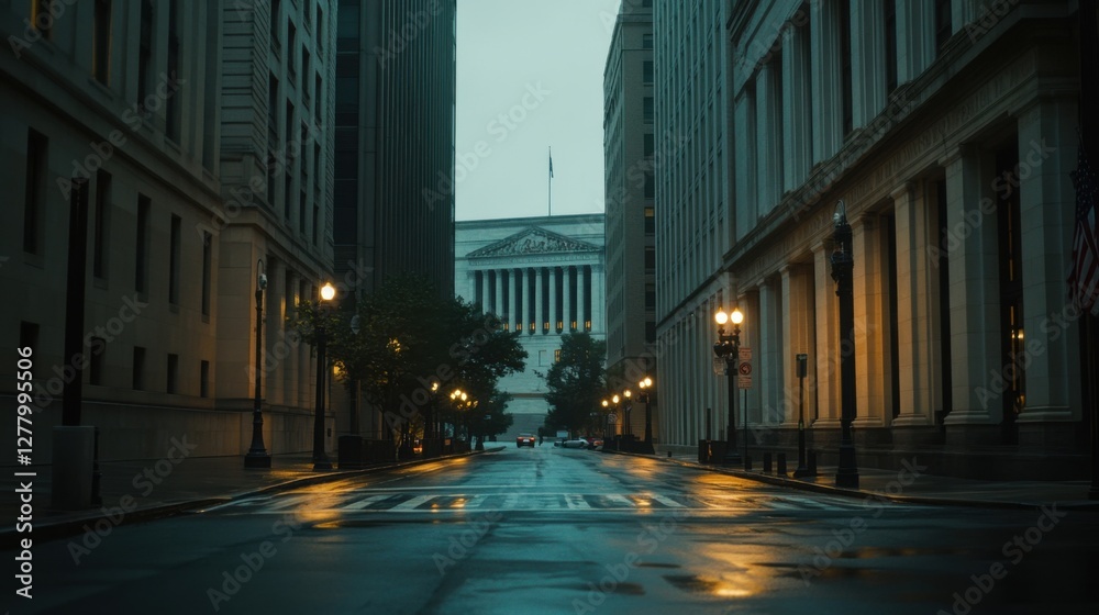 Fototapeta premium Federal Reserve building on a quiet street during dusk. Featuring financial stability and economic growth