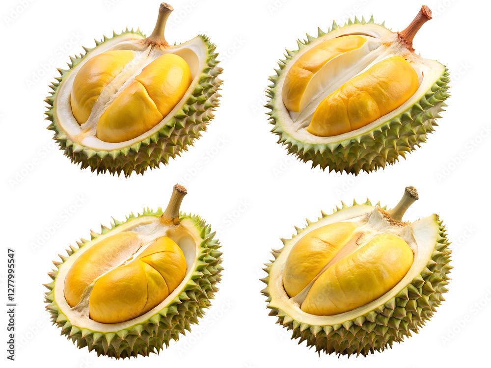 Fototapeta premium Durians set, Durian fruits, and Durian with slices isolated
