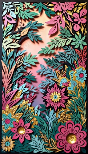 Vibrant Botanical Art with Pink Flowers on a Green Background