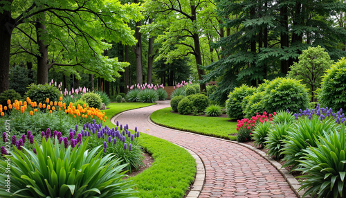 Lush garden landscape with colorful flowers and winding pathway