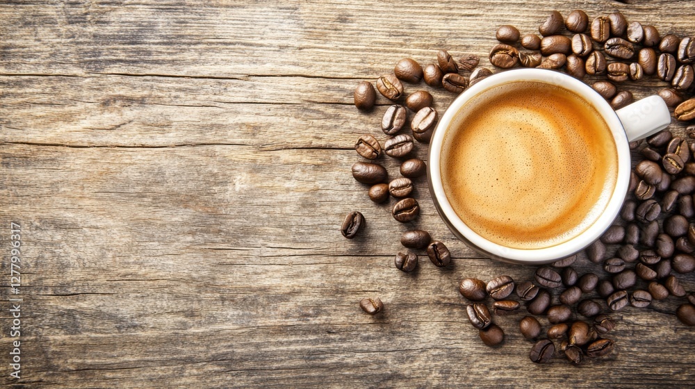 Freshly Brewed Coffee in White Cup Surrounded by Roasted Coffee Beans on Rustic Wooden Surface Freshly Brewed Coffee in White Cup Surrounded by Roasted Coffee Beans on Rustic Wooden Surface