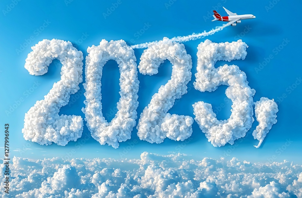 Naklejka premium Vision 2025 concept. Airplane vapor trail draws '2025' in sunny blue sky with fluffy clouds. Uplifting image for future, business, new year, travel themes. Copy space for text.