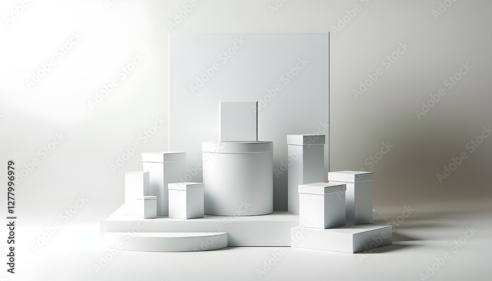White product display and box pedestal on white background with cube shape. White pedestal or podium background. 3D rendering. White product display and box pedestal on white background with cube shape. White pedestal or podium background. 3D rendering.