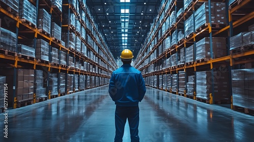 Warehouse Visionary: An individual stands amidst the organized chaos of a vast warehouse, their gaze fixed on the future of operations, symbolizing logistics, efficiency, and global supply chains.