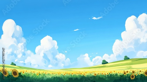 Bright Sunflower Field Under Blue Sky