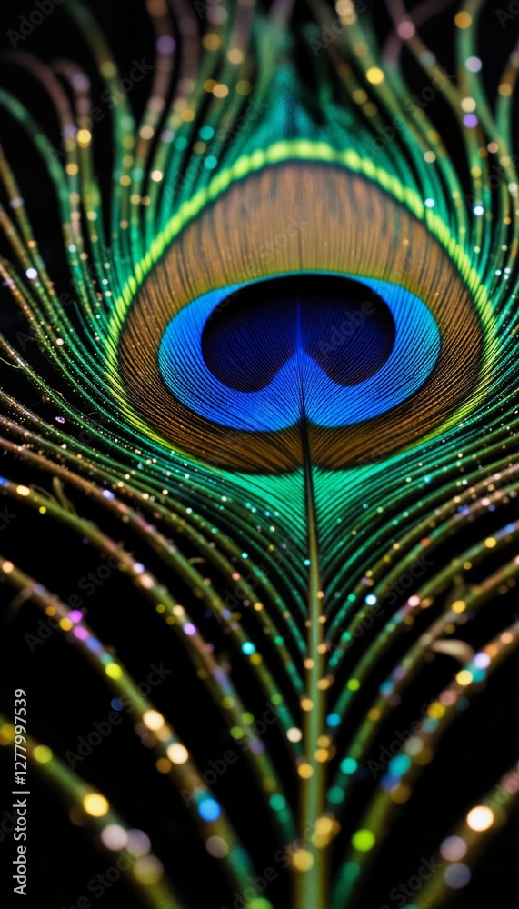 Naklejka premium Vibrant Peacock Feather in Close-up with Black Background