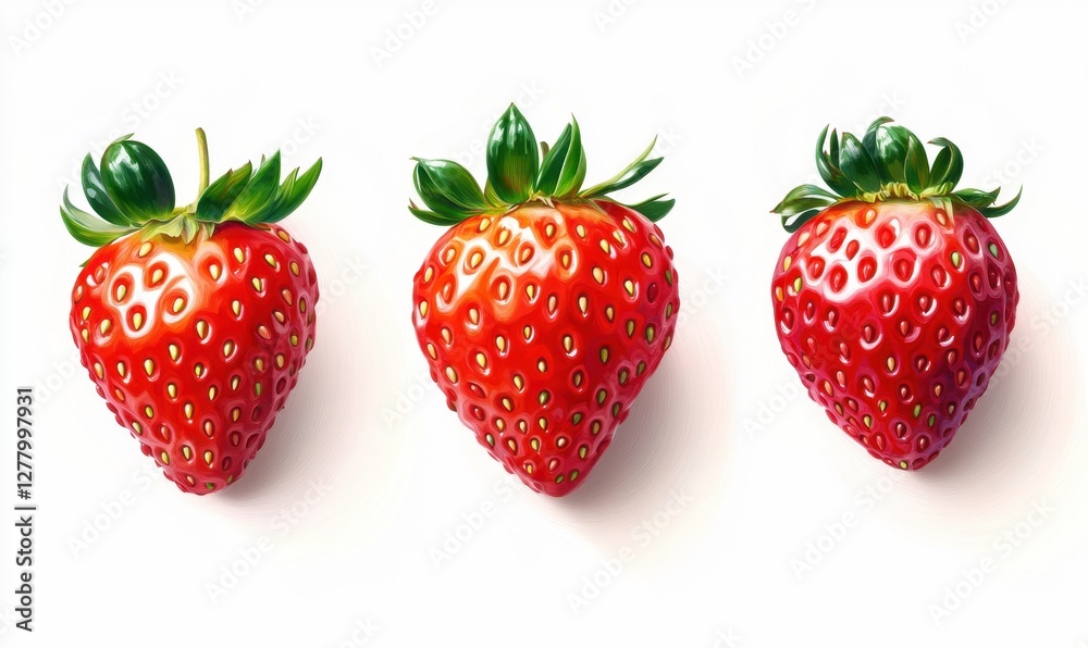 Three ripe strawberries arranged in a row on a white background, showcasing their vibrant color and texture Three ripe strawberries arranged in a row on a white background, showcasing their vibrant color and texture