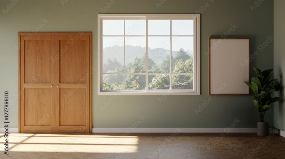 Fototapeta premium serene interior featuring vintage wooden doors, large window with scenic view, and minimalist wall frame