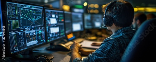 Image of a control room for space exploration featuring scientists monitoring data and technology.