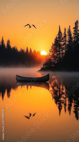 Tranquil Lake at Dawn: Stunning Sunrise Reflections and Gentle Mist Over a Serene Water Surface