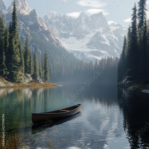 Tranquil Mountain Lake: Reflective Waters and Snow-Capped Peaks Surrounded by Dense Forests